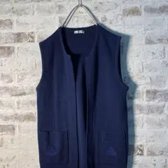 【ヴィンテージ】昭和レトロ リーフ刺繍 ベストカーディガン 紺古着usedBS5