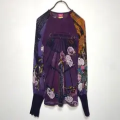 SAVE THE QUEEN【XL】花柄シアートップス 袖リブ アシンメトリー