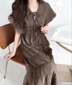 ブラウン ロングワンピース 半袖 新品