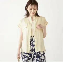 シップスカラーズ　リネンWフラップポケットシャツ　フレンチスリーブ　イエロー