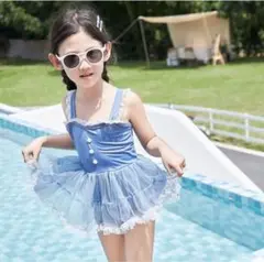 キッズ　水着　110cm ワンピース　子供　チュール付き　おしゃれ　水色　韓国