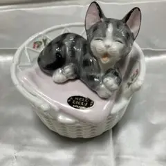 KATO KOUGEI 陶器オルゴール　かご猫　　日本製　動作確認済　レトロ