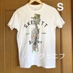 グラニフ ボタニカルスカル S 白 半袖Tシャツ 花柄 ドクロ 骨