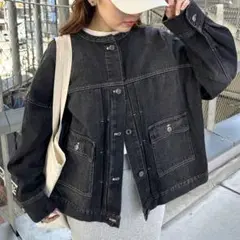 アンドミー　ノーカラーデニムジャケット　Mサイズ　ブラック