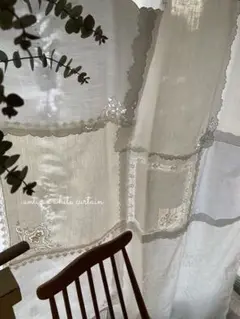 Newஐ⋆*フランスアンティーク花柄刺繍とレースのホワイトクロス・カーテン