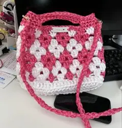 ハンドメイド)かぎ針編みショルダーバッグ ピンクホワイト#2way #カゴバック