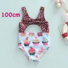ワンピース水着　カップケーキ柄　チョコ　100cm