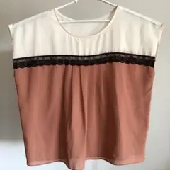 フレンチ袖トップス アイボリー/ブラウン レース装飾