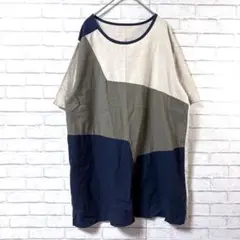 【新品】カラーブロック半袖トップスM-L麻、綿混紡 オーバーサイズ