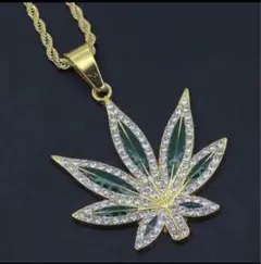 新品 ラインストーン マリファナネックレス ゴールド