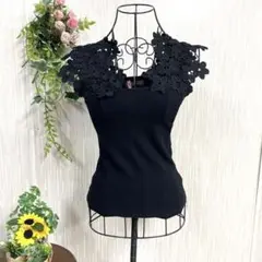 FRENCHPAVE黒 花柄レース ノースリーブトップス M 　大人可愛い