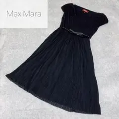 美品☆マックスマーラ 膝丈ワンピース ブラック 総プリーツ ベルト付き M