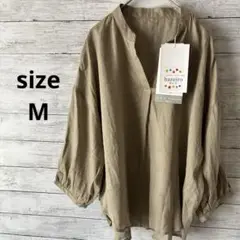 新品　リネン Vネック 五分袖シャツ ベージュ　グレージュ　麻　M