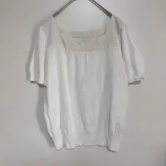 【HUMAN WOMAN】　薄手　半袖切替ニット　白　コットン混　無地