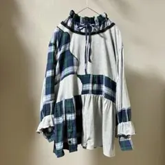 古着リメイク　再構築　Tシャツ　チェック　チュニック　ワンピ　ドッキング　フリル
