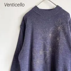 Venticello ニット セーター 花刺繍 ビジュー 肩パッド レトロ