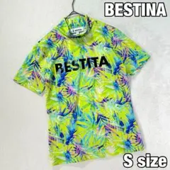 【ベスティナ】ゴルフシャツ　ロゴプリント　カラフル　ボタニカル　ストレッチ　S