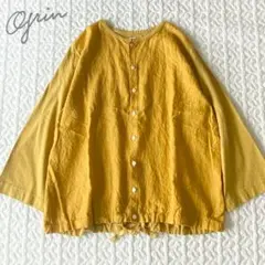 grin リネンコットン切替カーディガン　ノーカラーシャツ　マスタード