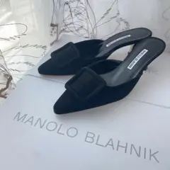 ManoloBlahnikネイビー ポインテッドトゥ スリングバックミュール40 ポインテッドトゥ ハイヴァンプスリングバックフラット - Black