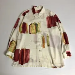 昭和レトロお洋服柄長袖シャツブラウス手書き風透け素材大きいサイズアイボリー古着