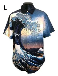 L 和柄 シャツ 半袖 山と海 荒波 浮世絵 紺 和風 柄シャツ 葛飾北斎