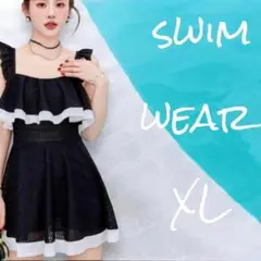 レディース　水着　ＸＬ　ブラック　黒　ナイトプール　海　ワンピース　フリル　韓国