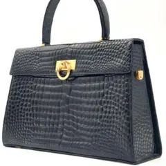 【美品 高級◎】クロコダイル ハンドバッグ シャイニー ゴールド金具 自立