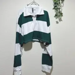 【DIVIDED エイチ&M】緑と白のボーダー　クロップドポロシャツ　〔S〕