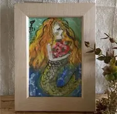 絵画。原画手描き【花を持って、愛を楽しみにしているマーメイドさん】