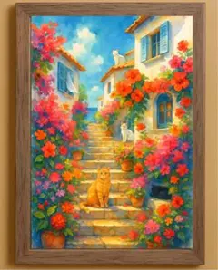 南欧の花咲く小径と猫たち｜額装アート｜ハンドメイド絵画 2l 額縁あり