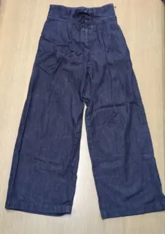 濃紺 レースアップ ワイドレッグデニムパンツ