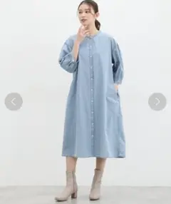 新品　タグ付き　七分袖デニムマオカラーシャツワンピース　L