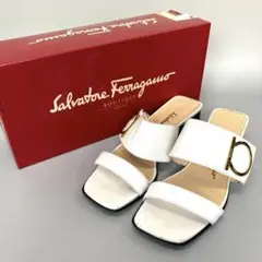 美品 Ferragamo フェラガモ オープントゥ ミュール ホワイト サンダル