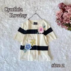 シンシアローリービジューパッチワーク刺繍×レース裾＊ボーダーニット白黒　半袖2