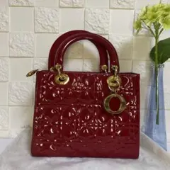 【美品】レディディオール カナージュ ミディアム エナメル ハンドバッグ 赤