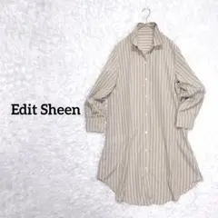 【エディットシーン】シャツワンピース　ゆったり　ストライプ　ミディ丈　ベージュM