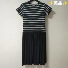 半袖ニットワンピース ロング ネイビー ボーダー フリーサイズ ✨️美品✨️