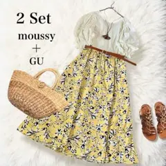 【2点セット】GU フレアロングスカートフラワー ＋moussy パフ袖トップス