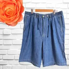 デニム風　ハーフパンツ　ウエストゴム　綿100% インディゴブルー