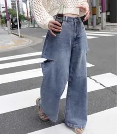 CORNERS ハイウエストカットデザインルーズデニムパンツ