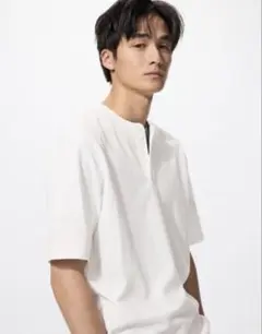 良品 ユニクロ ドライワッフルヘンリーネック Tシャツ ホワイト L