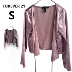 FOREVER 21 ベルベット ピンク カーディガン S 光沢 長袖 丈短