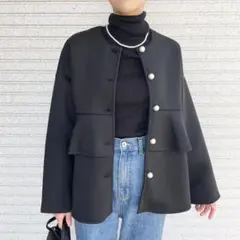 (大人気)しまむらx Plechur Ciel ペプラムブルゾン　パール　黒色