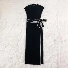 美品　Ezick ラップ風リブニットワンピース　バイカラー　ハイネック　黒