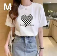 Tシャツ 半袖 ハート ロゴ 英字 レディース M ホワイト 白 リンクコーデ