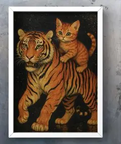 虎の力に子猫の福　黄金の道を進む　額縁付き　開運グラフィックアート