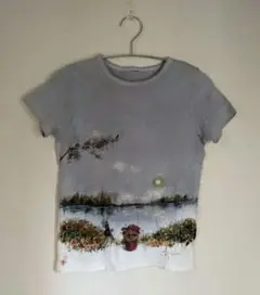 【新品】グレー色手描きイラスト風景画クルーネック半袖Tシャツトップス