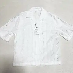 新品 ZARA ザラ レース 柄 半袖 オープンカラーシャツM ホワイト