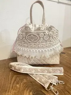 3waysインド刺繍リボン×合皮巾着袋ポシェットショルダーバッグ肩ストラップ付き