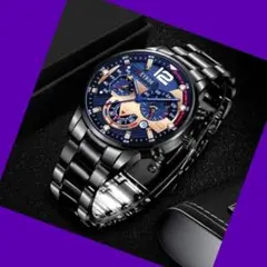 T401☆新品☆美品☆クロノグラフ 腕時計メンズラグジュアリーステンレス黒/青